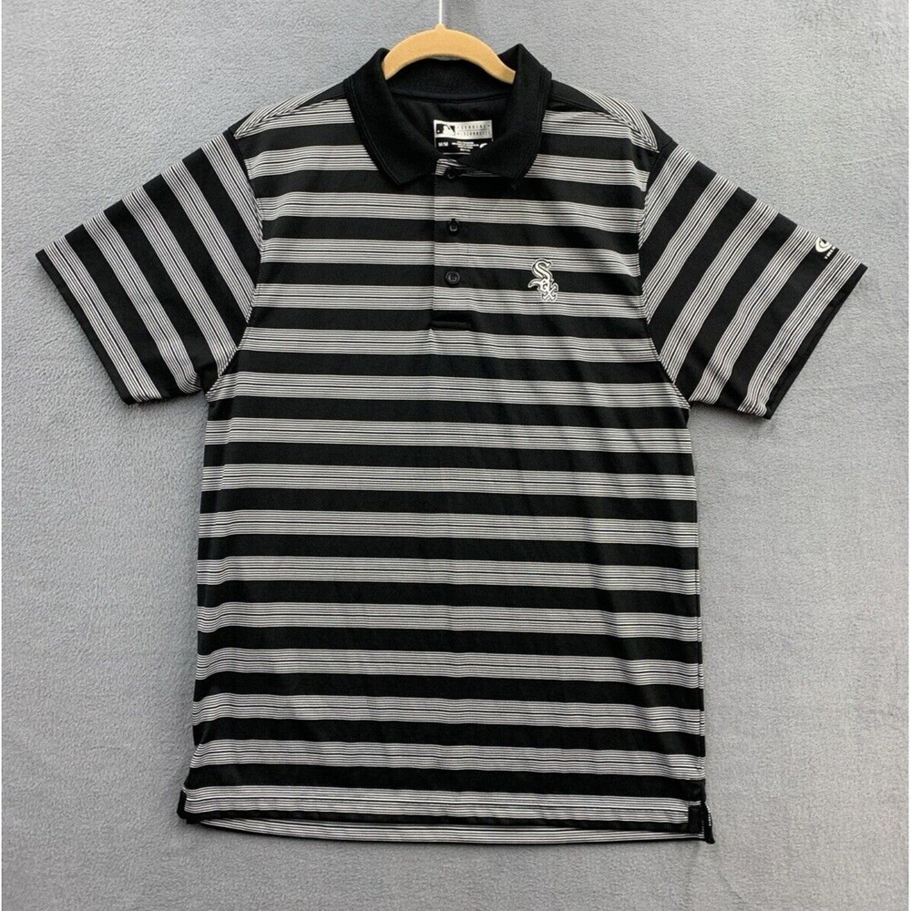 Chicago White Sox Polo Shirt Men Medium Black Gray Striped MLB Baseball Genuine